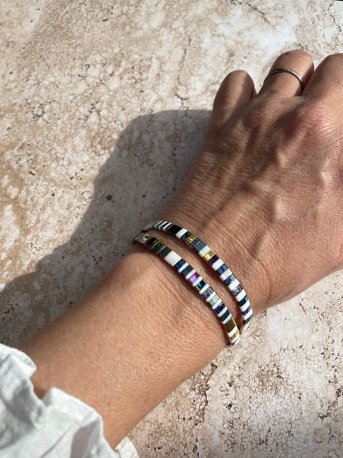 Bracelet 2 rangs en perles japonaises "DOUBLE VITAMINES" - Marinière Blanc et bleu