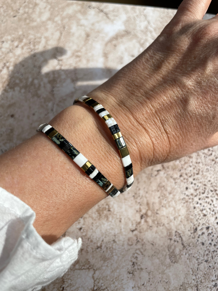 Bracelet 2 rangs en perles japonaises "DOUBLE VITAMINES" - Noir et blanc