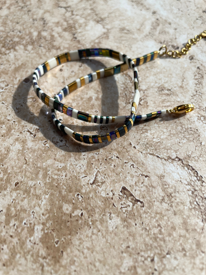 Bracelet 2 rangs en perles japonaises "DOUBLE VITAMINES" - Marinière Blanc et bleu