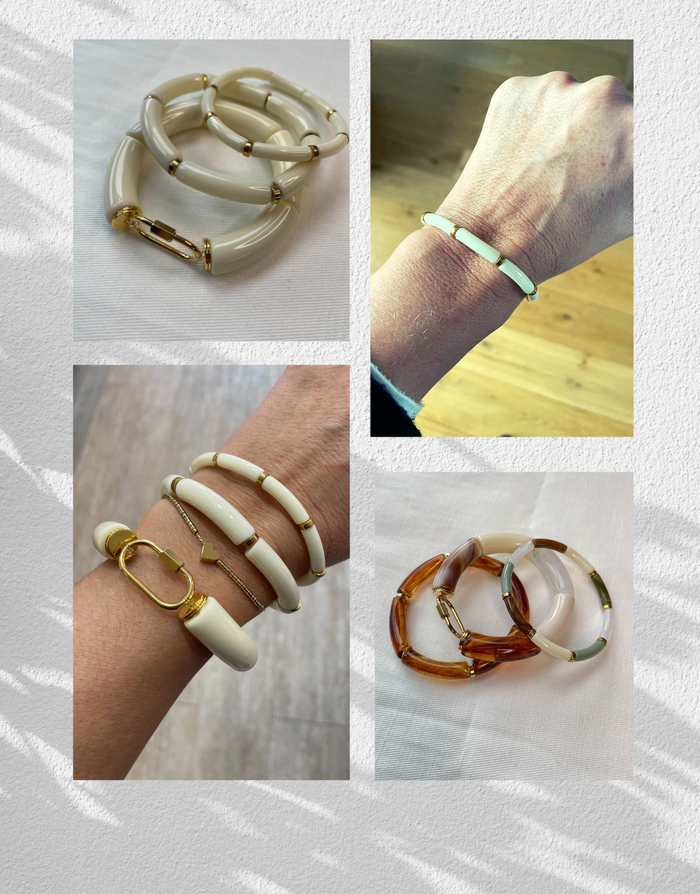 Laissez-vous séduire par Le bracelet femme tendance que vous ne voudrez plus quitter ! Composé de 6 perles tubes ambre, noir, marbre et ivoire intercalées par des perles dorées, le bracelet OLYMPE est monté sur élastique. Bracelet à enfilage facile. Une création Les jolis hasards. Fabriqué à la main à Vincennes. Bijoux fantaisie Made in France.