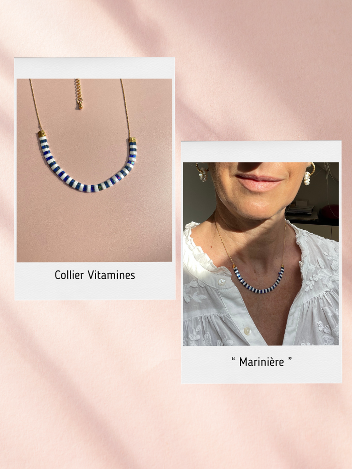 Collier perles japonaises VITAMINES - Bleu et blanc