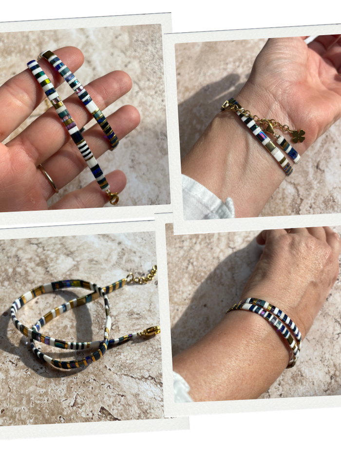 Bracelet 2 rangs en perles japonaises "DOUBLE VITAMINES" - Marinière Blanc et bleu