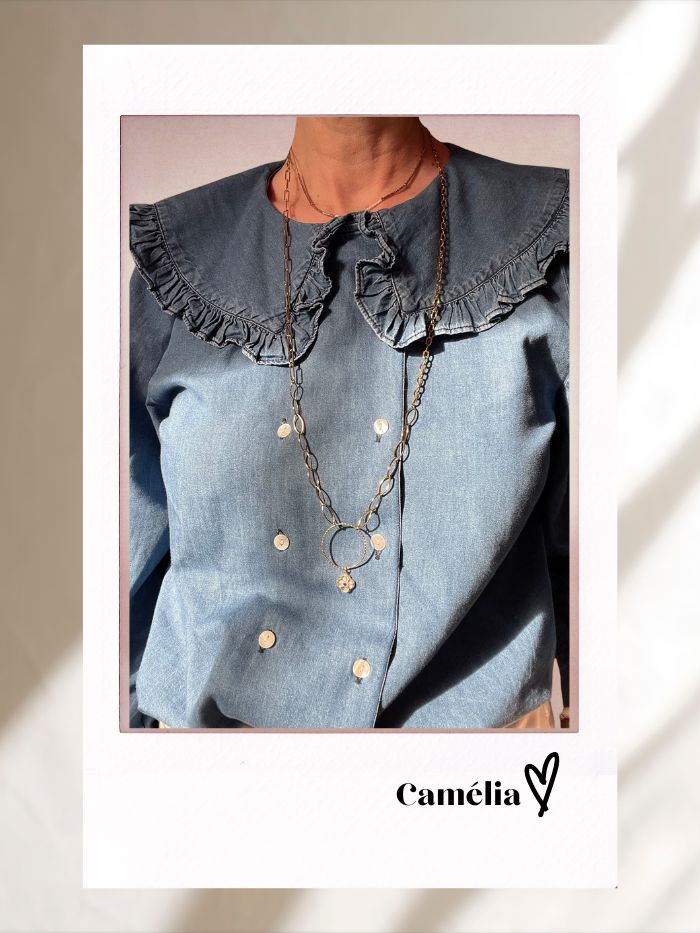 Collier Sautoir femme en acier inoxydable - CAMELIA avec pendentif trèfle en nacre