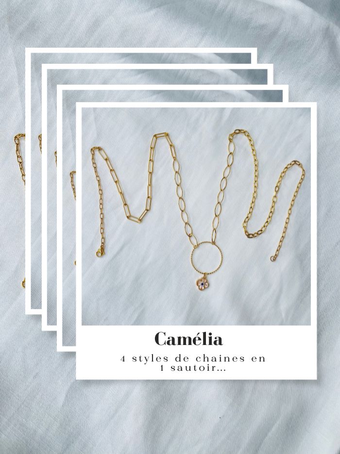 Le nouveau collier sautoir CAMELIA, est un collier fantaisie inspiré par l'emblème du camélia de la célèbre maison de couture Chanel ! Un sautoir femme composé de 4 styles de chaines en acier inoxydable doré. Son design original lui donne un style singulier et unique ! Sautoir assemblé à la main par Axelle, la créatrice des bijoux Les jolis hasards. Fait à Vincennes. Collier fabriqué en France par une créatrice de bijoux indépendante.