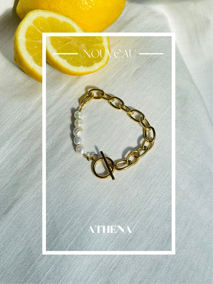Bracelet chaine mailles XL dorée et perles d'eau douce blanc - ATHENA
