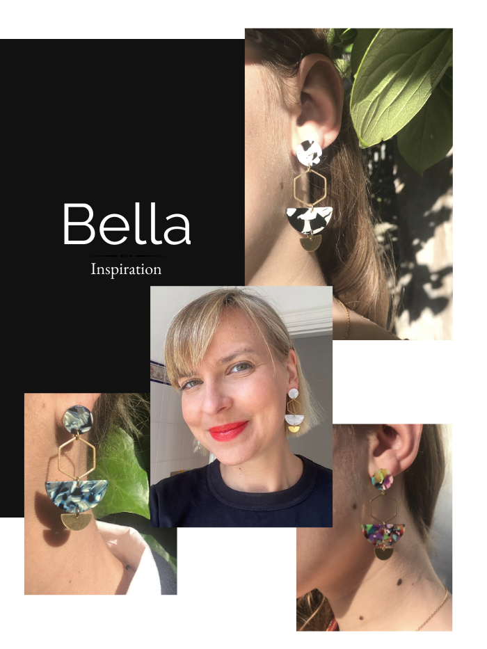 Exemples portés des boucles d'oreilles BELLA, un des modèles best seller Les jolis hasards. Les BELLA c'est un modèle de boucles géométriques en acétate et laiton mat réalisées à la main par Les jolis hasards.