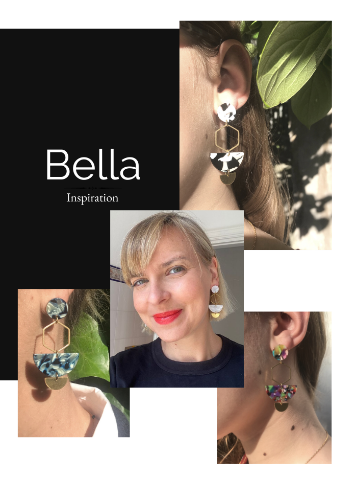 Exemples portés des boucles d'oreilles BELLA, un des modèles best seller Les jolis hasards. Les BELLA c'est un modèle de boucles géométriques en acétate et laiton mat réalisées à la main par Les jolis hasards. Un modèle de boucles d'oreilles chics et originales que vous allez adorer ! 